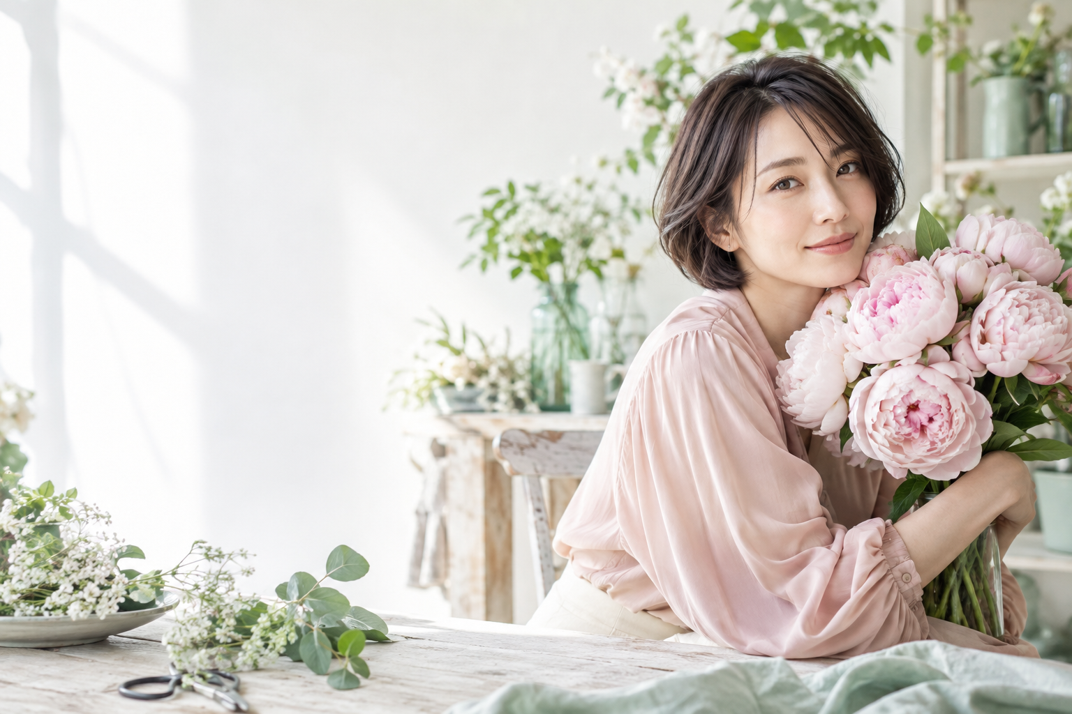 ピンクの花を手にするフラワースタジオのスタッフをイメージした生成写真